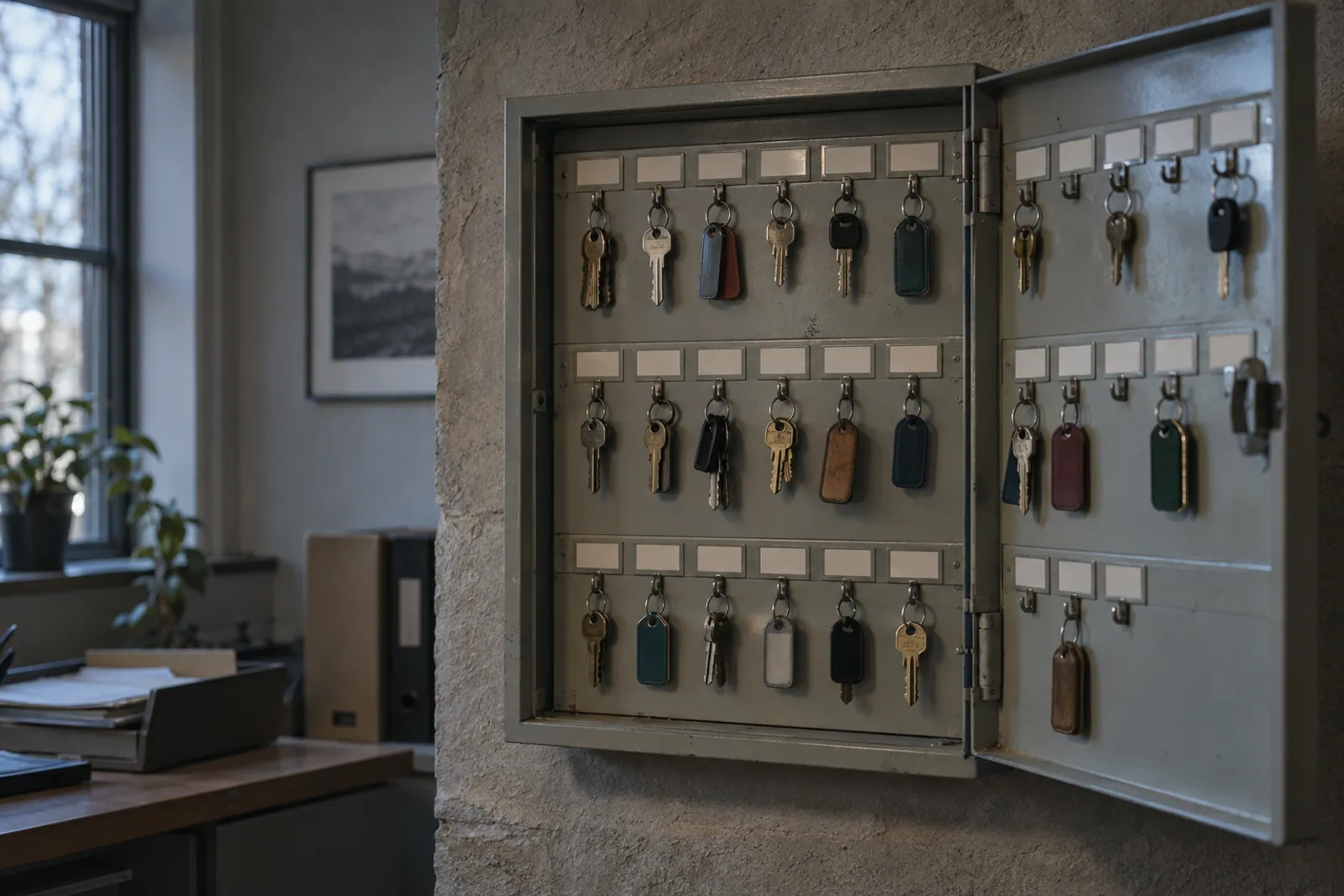 Armoire à clés métallique ouverte, remplie de clés suspendues à des crochets, dans un bureau