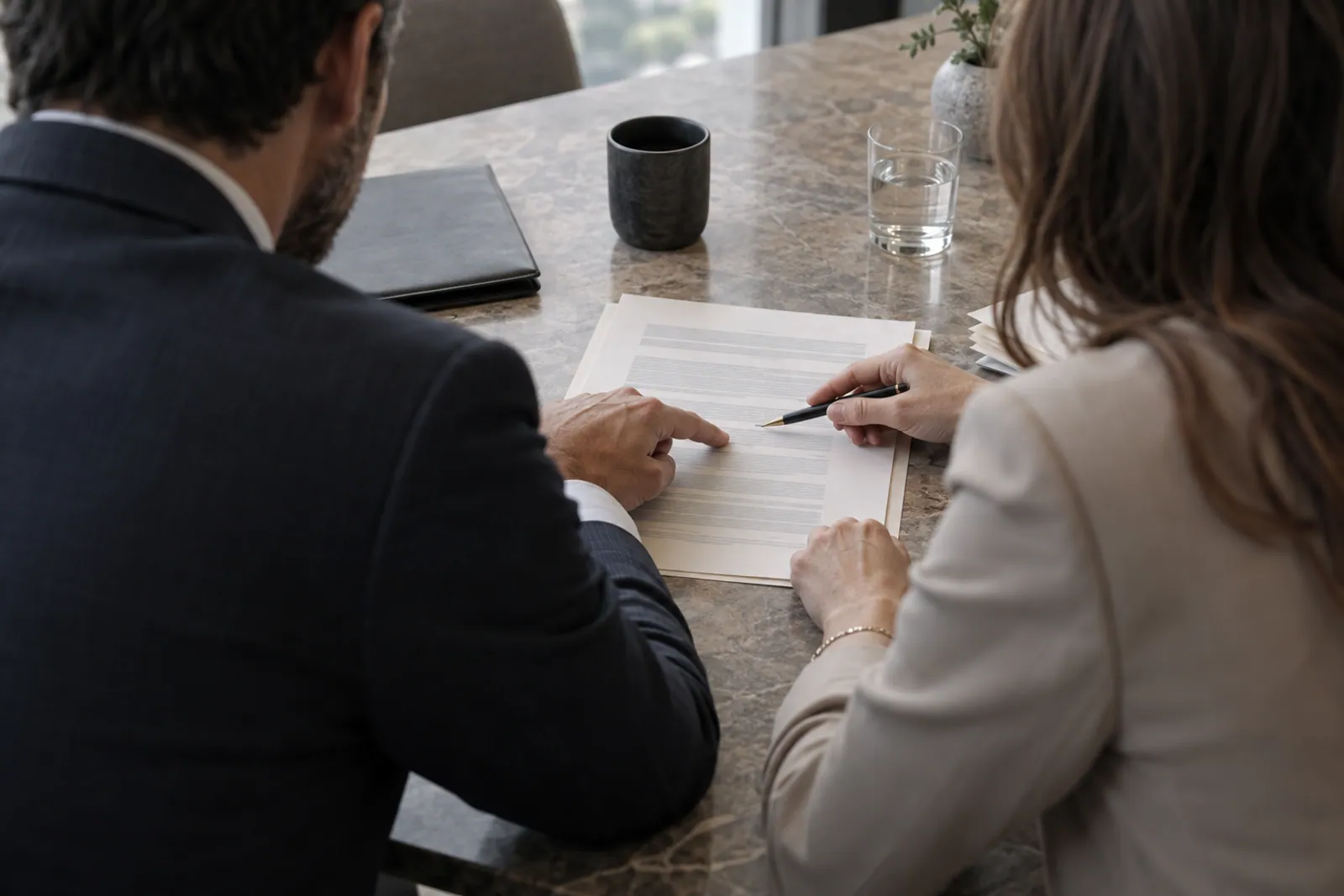 Deux personnes en tenue professionnelle examinent un document à une table