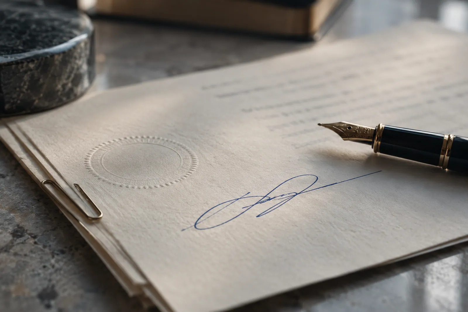 Gros plan d'un document signé, un stylo plume posé dessus, un trombone et un sceau en relief