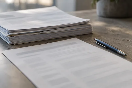 Une pile de dossiers et un stylo sur un bureau de cabinet : image du tri manuel des candidatures avant CareerPair.