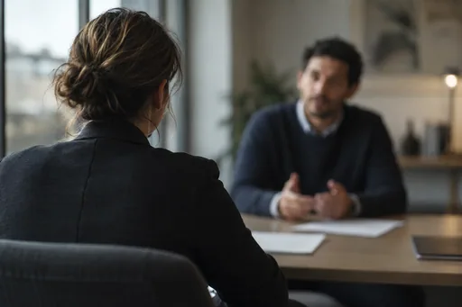Deux personnes échangent autour d'une table pendant un entretien de recrutement : image de l'évaluation d'une candidature avec CareerPair.