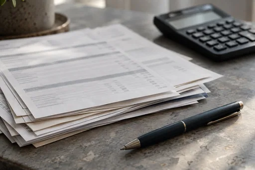 Des documents financiers, une calculatrice et un stylo posés sur un bureau : image de l'analyse documentée d'une cible Nexceo.
